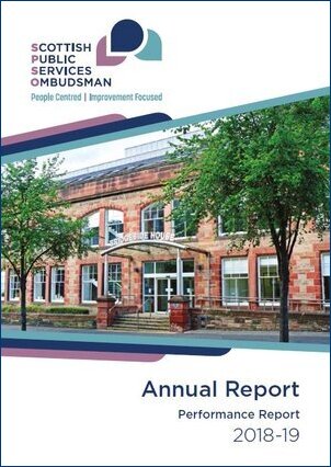 Front cover of the 2018-19 Annual Report.  It contains the title 2018-19 Annual Report and a picture of SPSO's office entrance at Bridgeside House.  Bridgeside House retains it's original period fronting (red brick).