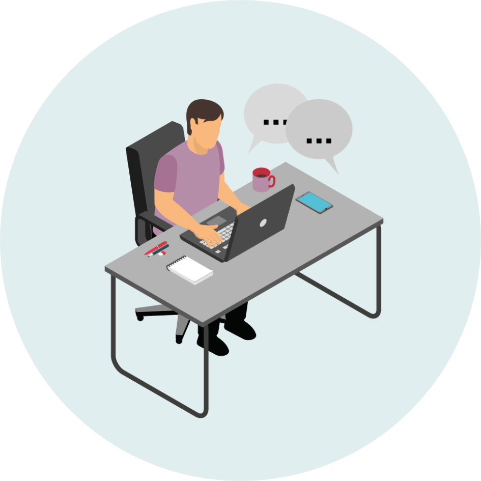 "An icon of a person sitting at a desk attending an online meeting"